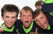 12 July 2018; Dunboyne AFC footballers, from left, Matthew Dolan, Callum Gray, Ryan Mangan, front, and George Comerford, celebrate during the Sports Direct Summer Soccer Schools - Dunboyne AFC at Dunboyne in Co Meath. Photo by Piaras Ó Mídheach/Sportsfile