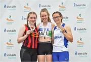 15 July 2018; Orla Coffey from Carraig na bhFear A.C. Co Cork who won the girls under-17 Pole Vault from second place Anna Ryan from Moycarkey Coolcroo A.C. Co Tipperary and third place Grace Codd from Lusk A.C. Co Dublin during the Irish Life Health National T&F Juvenile Day 2 at Tullamore Harriers Stadium in Tullamore, Co Offaly. Photo by Matt Browne/Sportsfile