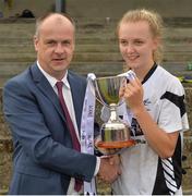 15 July 2018; Connacht LGFA President Liam McDonagh presents the cup to Kildare Captain Neasa Dooley following the All-Ireland Ladies Football Minor B final match between Kildare and Roscommon at Moate, Westmeath. Photo by Oliver McVeigh/Sportsfile