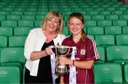15 July 2018; Galway captain Lynsey Noone is presented with the cup by LGFA President Marie Hickey after the All-Ireland Ladies Football Minor A final between Galway and Cork at the Gaelic Grounds, Limerick. Photo by Diarmuid Greene/Sportsfile