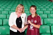 15 July 2018; Galway captain Lynsey Noone is presented with the Player of the Match award by LGFA President Marie Hickey after the All-Ireland Ladies Football Minor A final between Galway and Cork at the Gaelic Grounds, Limerick. Photo by Diarmuid Greene/Sportsfile