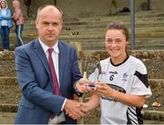 15 July 2018; Liam McDonagh Connacht Ladies GAA President presents the player of the match to Lauren Murtagh of Kildare after the All-Ireland Ladies Football Minor B final match between Kildare and Roscommon at Moate, Westmeath. Photo by Oliver McVeigh/Sportsfile