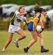 15 July 2018; Sarah Scally of Roscommon in action against Hazel McLoughlin of Kildare during the All-Ireland Ladies Football Minor B final match between Kildare and Roscommon at Moate, Westmeath. Photo by Oliver McVeigh/Sportsfile