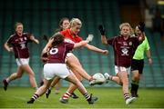 15 July 2018; Ciara McCarthy of Cork in action against Laura Ahearne, left, and Lynsey Noone of Galway during the All-Ireland Ladies Football Minor A final between Galway and Cork at the Gaelic Grounds, Limerick. Photo by Diarmuid Greene/Sportsfile