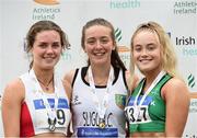 15 July 2018; Lauren Cadden from Sligo A.C. who won the girls under-19 100m from second place Alana Ryan, left, from Greystones & District A.C. Co Wicklow and third place Katie Murphy, right, from Ferrybank A.C. Co Waterford during the Irish Life Health National T&F Juvenile Day 2 at Tullamore Harriers Stadium in Tullamore, Co Offaly. Photo by Matt Browne/Sportsfile