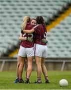 15 July 2018; Kate Quigley, left, Chelsie Crowe, centre, and Aoife Coen of Galway celebrate at the final whistle after the All-Ireland Ladies Football Minor A final between Galway and Cork at the Gaelic Grounds, Limerick. Photo by Diarmuid Greene/Sportsfile
