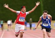 15 July 2018; Jayden Carmody from Dooneen A.C. Co Limerick celebrates after winning the boys under-13 80m  during the Irish Life Health National T&F Juvenile Day 2 at Tullamore Harriers Stadium in Tullamore, Co Offaly. Photo by Matt Browne/Sportsfile