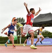 15 July 2018; Jayden Carmody from Dooneen A.C., Co Limerick, celebrates after winning the boys under-13 80m  during the Irish Life Health National T&F Juvenile Day 2 at Tullamore Harriers Stadium in Tullamore, Co Offaly. Photo by Matt Browne/Sportsfile
