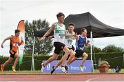 15 July 2018; Michael Farrelly, 982, from Raheny Shamrock A.C. Co Dublin who won the the boys under-17 100m from second place Sean L'Estrange also from Raheny Shamrock A.C. Co Dublin and third place Cillian Griffin from Tralee Harriers A.C. Co Kerry during the Irish Life Health National T&F Juvenile Day 2 at Tullamore Harriers Stadium in Tullamore, Co Offaly. Photo by Matt Browne/Sportsfile