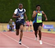 15 July 2018; Glory Wenegtieme, 677, from Belgooly A.C. Co Cork who won the boys under-15 100m from second place Nkemjika Onwumereh from Metro St. Brigid's A.C. Co Dublin during the Irish Life Health National T&F Juvenile Day 2 at Tullamore Harriers Stadium in Tullamore, Co Offaly. Photo by Matt Browne/Sportsfile