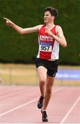 15 July 2018; Mark Hanrahan from Ennis Track A.C. Co Clare celebrates winning the boys under-16 3000m during the Irish Life Health National T&F Juvenile Day 2 at Tullamore Harriers Stadium in Tullamore, Co Offaly. Photo by Matt Browne/Sportsfile