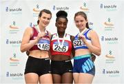 15 July 2018; Chisom Ugwuera, centre, from Ennis Track A.C. who won the girls under-17 Triple Jump from second place Shauna Leydon, left, from Mullingar Harriers A.C. Co Westmeath and third place Michaela Byrne from Finn Valley A.C. Co Donegal during the Irish Life Health National T&F Juvenile Day 2 at Tullamore Harriers Stadium in Tullamore, Co Offaly. Photo by Matt Browne/Sportsfile