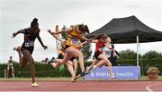 15 July 2018; Lucy Mai Sleeman, 929, from Leevale A.C. Co Cork who won the girls under-15 100m from second place Sally Sumola,1435, from Clonliffe Harriers A.C. during the Irish Life Health National T&F Juvenile Day 2 at Tullamore Harriers Stadium in Tullamore, Co Offaly. Photo by Matt Browne/Sportsfile