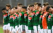 14 July 2018; Mayo players stand for Amhrán na bhFiann before the EirGrid GAA Football All-Ireland U20 Championship Semi-Final match between Mayo and Derry at Páirc Seán Mac Diarmada, in Carrick-on-Shannon. Photo by Piaras Ó Mídheach/Sportsfile