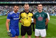 15 July 2018; Referee Anthony Nolan with team captains Drew Wylie of Monaghan and Eoin Doyle of Kildare before the GAA Football All-Ireland Senior Championship Quarter-Final Group 1 Phase 1 match between Kildare and Monaghan at Croke Park, Dublin. Photo by Piaras Ó Mídheach/Sportsfile