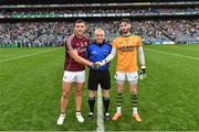 15 July 2018; Referee Barry Cassidy with team captains Damien Comer of Galway and Shane Murphy of Kerry before the GAA Football All-Ireland Senior Championship Quarter-Final Group 1 Phase 1 match between Kerry and Galway at Croke Park, Dublin. Photo by Piaras Ó Mídheach/Sportsfile