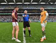 15 July 2018; Referee Barry Cassidy with team captains Damien Comer of Galway and Shane Murphy of Kerry before the GAA Football All-Ireland Senior Championship Quarter-Final Group 1 Phase 1 match between Kerry and Galway at Croke Park, Dublin. Photo by Piaras Ó Mídheach/Sportsfile