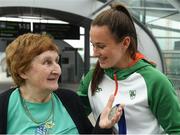 16 July 2018; Ireland's Ciara Neville of Emerald AC, Co Limerick, with her silver medal won in the women’s 4x100m relay team event, is greeted by her grandmother Maura McCutcheon during the Team Ireland homecoming from the IAAF World U20 Athletics Championships in Tampere, Finland, at Dublin Airport in Dublin. Photo by Piaras Ó Mídheach/Sportsfile