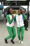 16 July 2018; Ireland's Patience Jumbo-Gula of St Gerard’s AC, Dundalk, Co Louth, left, and Gina Akpe-Moses of Blackrock AC, Co Louth, with their silver medals won in the women’s 4x100m relay team event during the Team Ireland homecoming from the IAAF World U20 Athletics Championships in Tampere, Finland, at Dublin Airport in Dublin. Photo by Piaras Ó Mídheach/Sportsfile