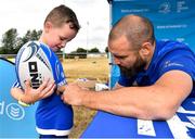 17 July 2018; Oran Alcock, age 7, from Carlow, has his jersey signed by Leinster's Scott Fardy during the Bank of Ireland Leinster Rugby Summer Camp at Tullow RFC, in Roscat, Tullow, Co. Carlow. Photo by Seb Daly/Sportsfile