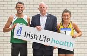 17 July 2018; Athletes Thomas Barr and Phil Healy, alongside Athletics Ireland CEO Hamish Adams, launch the Irish Life Health National Senior Track & Field Championships 2018 at the Sport Ireland Institute in Dublin. Photo by David Fitzgerald/Sportsfile
