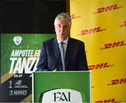 18 July 2018; FAI CEO John Delaney speaking during the Amputee Football Tanzania Project event at FAI HQ, Abbotstown, in Dublin. Photo by David Fitzgerald/Sportsfile