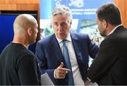 18 July 2018; FAI CEO John Delaney speaking with Simon Baker, General Secretary of the European Amputee Football Federation, left, and theirry Regenass, Executive Director of International Committee Red Cross Movability during the Amputee Football Tanzania Project event at FAI HQ, Abbotstown, in Dublin. Photo by David Fitzgerald/Sportsfile