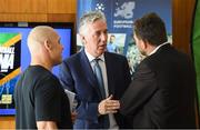 18 July 2018; FAI CEO John Delaney speaking with Simon Baker, General Secretary of the European Amputee Football Federation, left, and theirry Regenass, Executive Director of International Committee Red Cross Movability during the Amputee Football Tanzania Project event at FAI HQ, Abbotstown, in Dublin. Photo by David Fitzgerald/Sportsfile