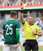 19 July 2018; Ronan Hale of Derry City is shown a yellow card during the UEFA Europa League 1st Qualifying Round Second Leg match between Dinamo Minsk and Derry City at Traktor Stadium in Minsk, Belarus. Photo by Sportsfile