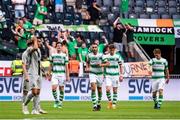 19 July 2018; Shamrock Rovers players from left, Sam Bone, Roberto Lopes and Ronan Finn celebrate their side's first goal during the UEFA Europa League 1st Qualifying Round Second Leg match between AIK and Shamrock Rovers at Friends Arena in Stockholm, Sweden. Photo by Simon Hastegård/Sportsfile