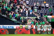 19 July 2018; Shamrock Rovers players and supporters celebrate their side's first goal during the UEFA Europa League 1st Qualifying Round Second Leg match between AIK and Shamrock Rovers at Friends Arena in Stockholm, Sweden. Photo by Simon Hastegård/Sportsfile