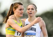 19 July 2018; Ciara Mageean of Ireland/UCD AC, Co Dublin, left, and Siofra Cleirigh-Buttner of Ireland/Dundrum South Dublin AC, Co Dublin, embrace after competing in the Dublin Marathon Women's 800m event during the Morton Games at Morton Stadium in Santry, Dublin. Photo by Sam Barnes/Sportsfile
