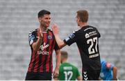 20 July 2018; Dinny Corcoran of Bohemians, left, celebrates after scoring his side's third goal with team-mate Daniel Kelly during the SSE Airtricity League Premier Division match between Bohemians and Bray Wanderers at Dalymount Park in Dublin. Photo by Tom Beary/Sportsfile