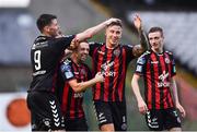 20 July 2018; Rob Cornwall of Bohemians, second right, is congratulated by team-mates, from left, Dinny Corcoran and Keith Ward after scoring his side's fifth goal during the SSE Airtricity League Premier Division match between Bohemians and Bray Wanderers at Dalymount Park in Dublin. Photo by Seb Daly/Sportsfile