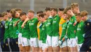 21 July 2018; Meath players stand for Amhrán na bhFiann before the Electric Ireland Leinster GAA Football Minor Championship Final match between Meath and Kildare at Bord na Móna O’Connor Park in Tullamore, Co. Offaly. Photo by Piaras Ó Mídheach/Sportsfile