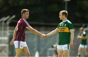 21 July 2018; Cathal Reilly of Galway and Thomas Hickey of Kerry exchange a handshake prior to the GAA Football All-Ireland Junior Championship Final match between Kerry and Galway at Cusack Park in Ennis, Co. Clare. Photo by Diarmuid Greene/Sportsfile