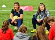 21 July 2018; The FAI in conjunction with FIFA is running one of FIFA’s very successful campaigns, FIFA Live Your Goals, to introduce more females to the game of football. The campaign outlines clear messages, that women’s football is an authentic and attractive expression of a modern lifestyle. It shows optimism, fun belonging and physical beauty. Women’s football is not just socially accepted but highly respected and has become an integral part of football development in the country. Pictured at today’s event is Catherine Hyndman of Northern Ireland and Sion Swifts LFC and Tyler Toland of Republic of Ireland and Sion Swifts LFC, with participants, at The Showgrounds, Sligo. Photo by Seb Daly/Sportsfile