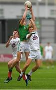 21 July 2018; Cian McBride of Meath in action against Alex Beirne, left, and Daniel Caulfield of Kildare during the Electric Ireland Leinster GAA Football Minor Championship Final match between Meath and Kildare at Bord na Móna O’Connor Park in Tullamore, Co. Offaly. Photo by Piaras Ó Mídheach/Sportsfile