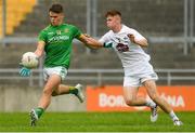 21 July 2018; Luke Kelly of Meath in action against Seán Hill of Kildare during the Electric Ireland Leinster GAA Football Minor Championship Final match between Meath and Kildare at Bord na Móna O’Connor Park in Tullamore, Co. Offaly. Photo by Piaras Ó Mídheach/Sportsfile