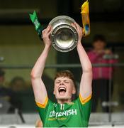 21 July 2018; Meath captain Mathew Costello lifts The Murray Cup after the Electric Ireland Leinster GAA Football Minor Championship Final match between Meath and Kildare at Bord na Móna O’Connor Park in Tullamore, Co. Offaly. Photo by Piaras Ó Mídheach/Sportsfile