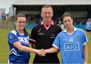 21 July 2018; Referee Brendan Rice along with Sinead Greene of Cavan and Sinead Aherne of Dublin prior to the TG4 All-Ireland Senior Championship Group 4 Round 2 match between Cavan and Dublin at Lannleire GFC in Dunleer, Co. Louth. Photo by Oliver McVeigh/Sportsfile