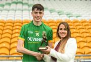 21 July 2018; Maeve Galvin, Electric Ireland Senior Sponsorship & PR Specialist, at the Electric Ireland GAA Minor Championships, presenting Luke Mitchell from Meath with the Player of the Match award for his major performance in the Electric Ireland GAA Leinster Minor Football Championship Final. Throughout the Championships, fans can follow the conversation, vote for their player of the week, support the Minors and be a part of something major through the hashtag #GAAThisIsMajor. Photo by Piaras Ó Mídheach/Sportsfile