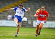 21 July 2018; Sharon Courtney of Monaghan in action against Orlagh Farmer of Cork during the TG4 All-Ireland Senior Championship Group 2 Round 2 match between Cork and Monaghan at St Brendan's Park in Birr, Co. Offaly.  Photo by Brendan Moran/Sportsfile