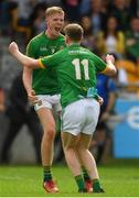 21 July 2018; Meath's Cian McBride, left, and Mathew Costello celebrate after the Electric Ireland Leinster GAA Football Minor Championship Final match between Meath and Kildare at Bord na Móna O’Connor Park in Tullamore, Co. Offaly. Photo by Piaras Ó Mídheach/Sportsfile