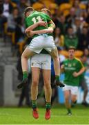 21 July 2018; Meath's Cian McBride, behind, and Mathew Costello celebrate after the Electric Ireland Leinster GAA Football Minor Championship Final match between Meath and Kildare at Bord na Móna O’Connor Park in Tullamore, Co. Offaly. Photo by Piaras Ó Mídheach/Sportsfile