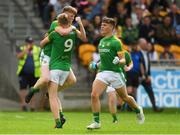 21 July 2018; Meath players, from left, Mathew Costello, Cian McBride, no 9, and Luke Kelly celebrate after the Electric Ireland Leinster GAA Football Minor Championship Final match between Meath and Kildare at Bord na Móna O’Connor Park in Tullamore, Co. Offaly. Photo by Piaras Ó Mídheach/Sportsfile