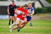 21 July 2018; Eimear Scally of Cork in action against Aoife McAnespie of Monaghan during the TG4 All-Ireland Senior Championship Group 2 Round 2 match between Cork and Monaghan at St Brendan's Park in Birr, Co. Offaly.  Photo by Brendan Moran/Sportsfile