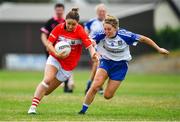 21 July 2018; Eimear Scally of Cork in action against Aoife McAnespie of Monaghan during the TG4 All-Ireland Senior Championship Group 2 Round 2 match between Cork and Monaghan at St Brendan's Park in Birr, Co. Offaly.  Photo by Brendan Moran/Sportsfile