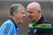 21 July 2018; Donegal manager Declan Bonner, right, shares a joke with Roscommon manager Kevin McStay ahead of the GAA Football All-Ireland Senior Championship Quarter-Final Group 2 Phase 2 match between Roscommon and Donegal at Dr Hyde Park in Roscommon. Photo by Ramsey Cardy/Sportsfile