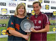21 July 2018; Tracey Leonard of Galway is presented with the Player of the Match by President of LGFA Máire Hickey after the TG4 All-Ireland Senior Championship Group 3 Round 2 match between Galway and Waterford at St Brendan's Park in Birr, Co. Offaly.  Photo by Brendan Moran/Sportsfile